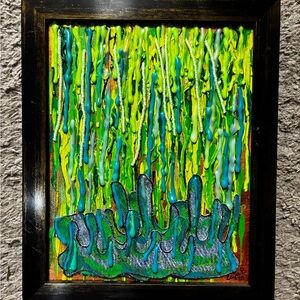 Vibrant denim drip drip art in bronze/black frame